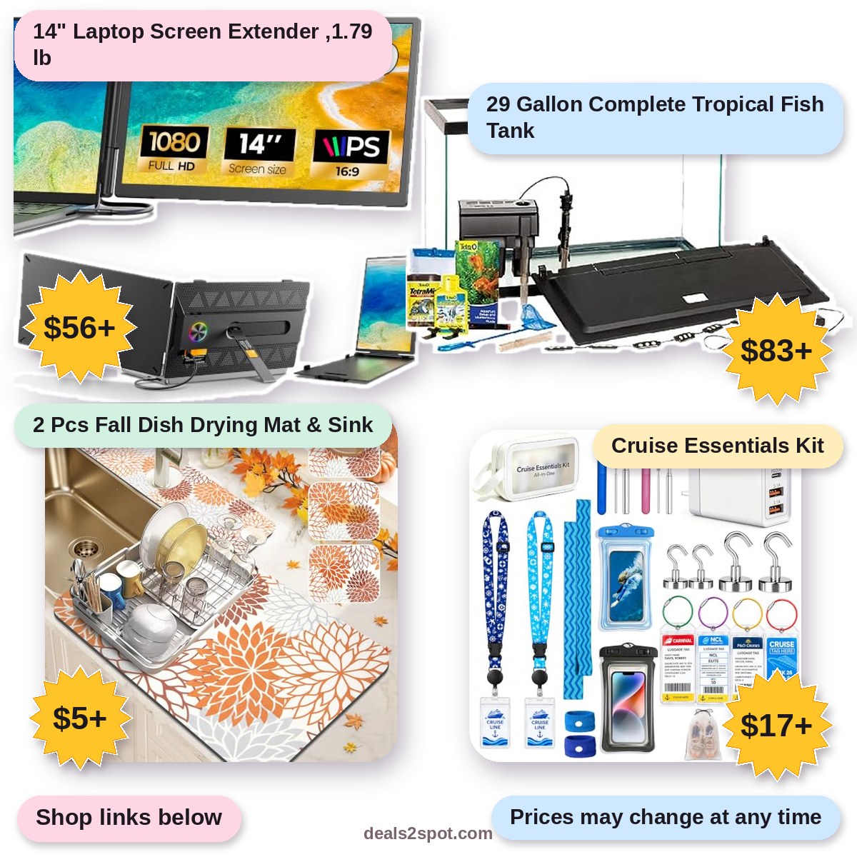 14" Laptop Screen Extender ,1.79 lb, $56+ | 29 Gallon Complete Tropical Fish Tank, $83+ | 2 Pcs Fall Dish Drying Mat & Sink, $5+ | Cruise Essentials Kit, $17+