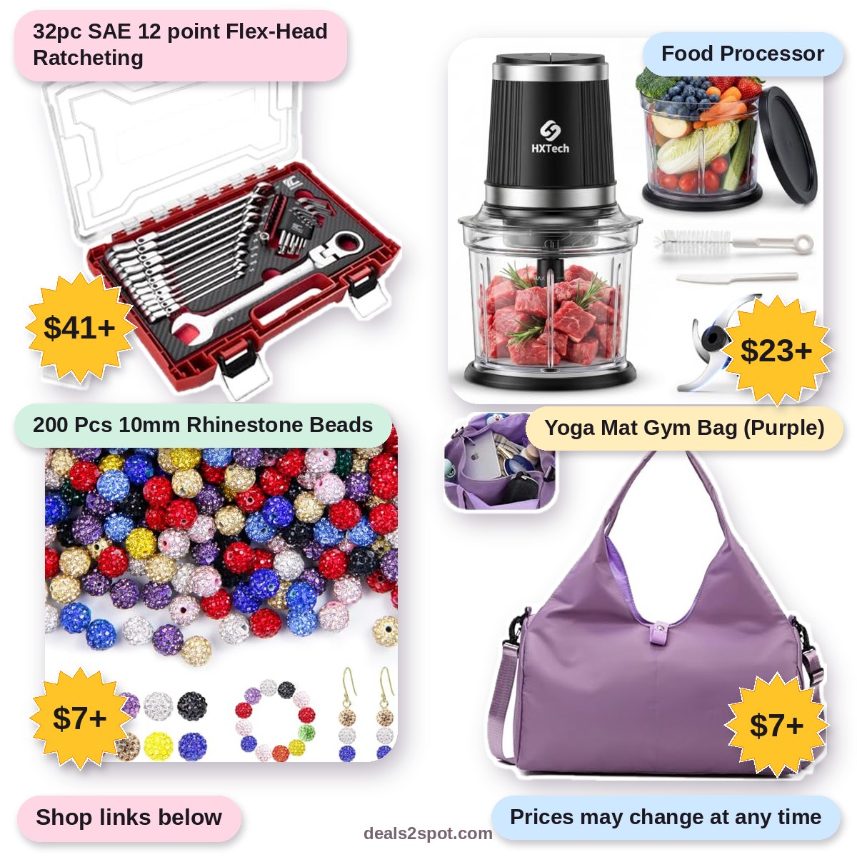 32pc SAE 12 point Flex-Head Ratcheting, $41+ | Food Processor, $23+ | 200 Pcs 10mm Rhinestone Beads, $7+ | Yoga Mat Gym Bag (Purple), $7+
