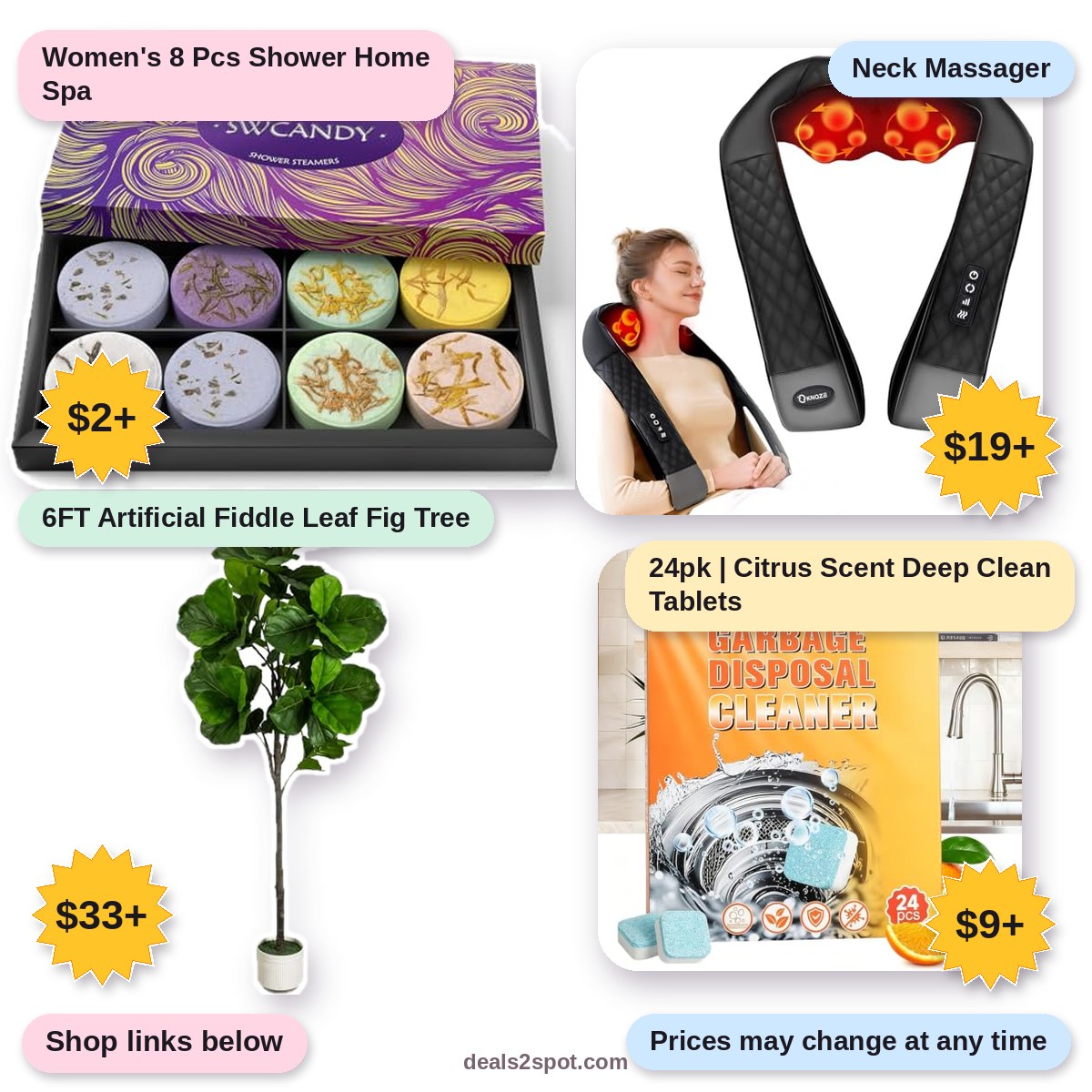 Women's 8 Pcs Shower Home Spa, $2+ | Neck Massager, $19+ | 6FT Artificial Fiddle Leaf Fig Tree, $33+ | 24pk | Citrus Scent Deep Clean Tablets, $9+