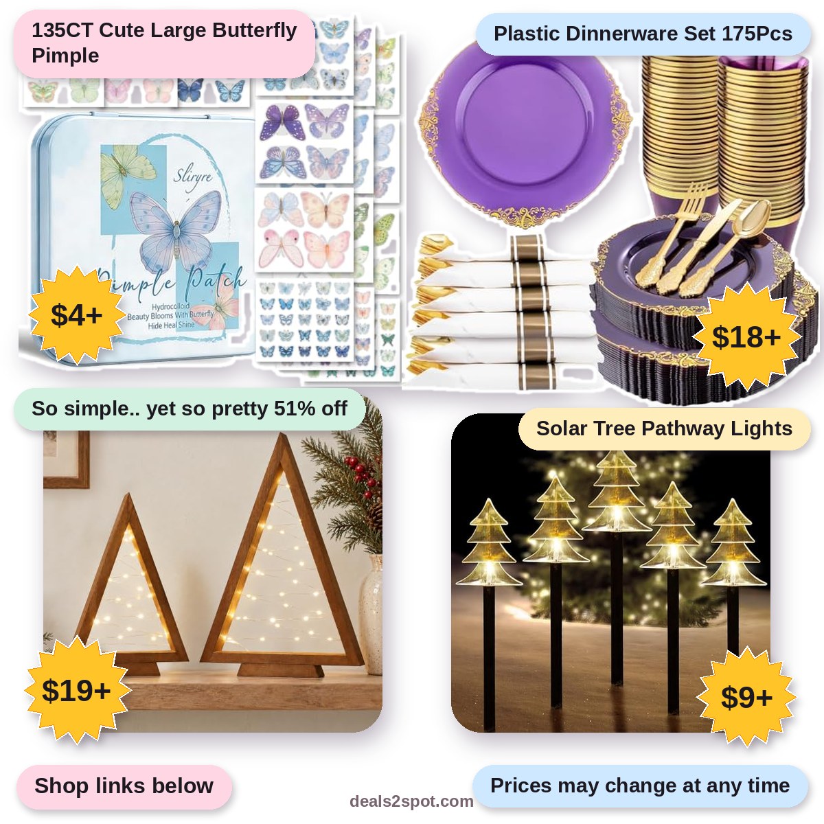 135CT Cute Large Butterfly Pimple, $4+ | Plastic Dinnerware Set 175Pcs, $18+ | So simple.. yet so pretty 51% off, $19+ | Solar Tree Pathway Lights, $9+