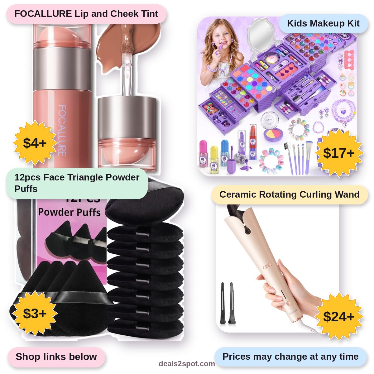 FOCALLURE Lip and Cheek Tint, $4+ | Kids Makeup Kit, $17+ | 12pcs Face Triangle Powder Puffs, $3+ | Ceramic Rotating Curling Wand, $24+