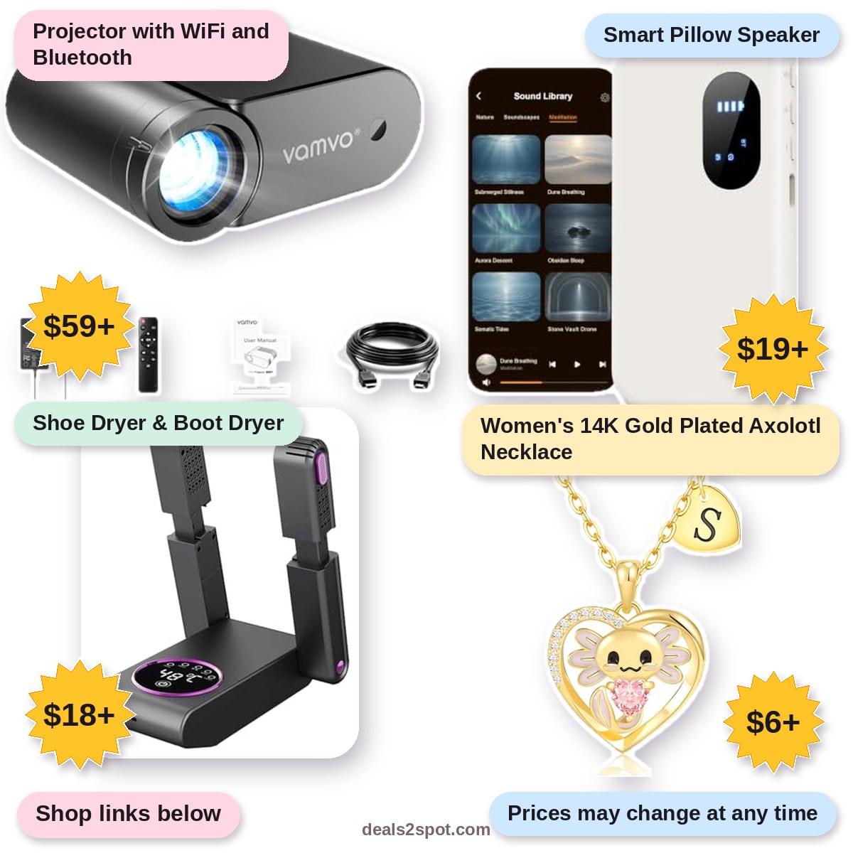 Projector with WiFi and Bluetooth, $59+ | Smart Pillow Speaker, $19+ | Shoe Dryer & Boot Dryer, $18+ | Women's 14K Gold Plated Axolotl Necklace, $6+