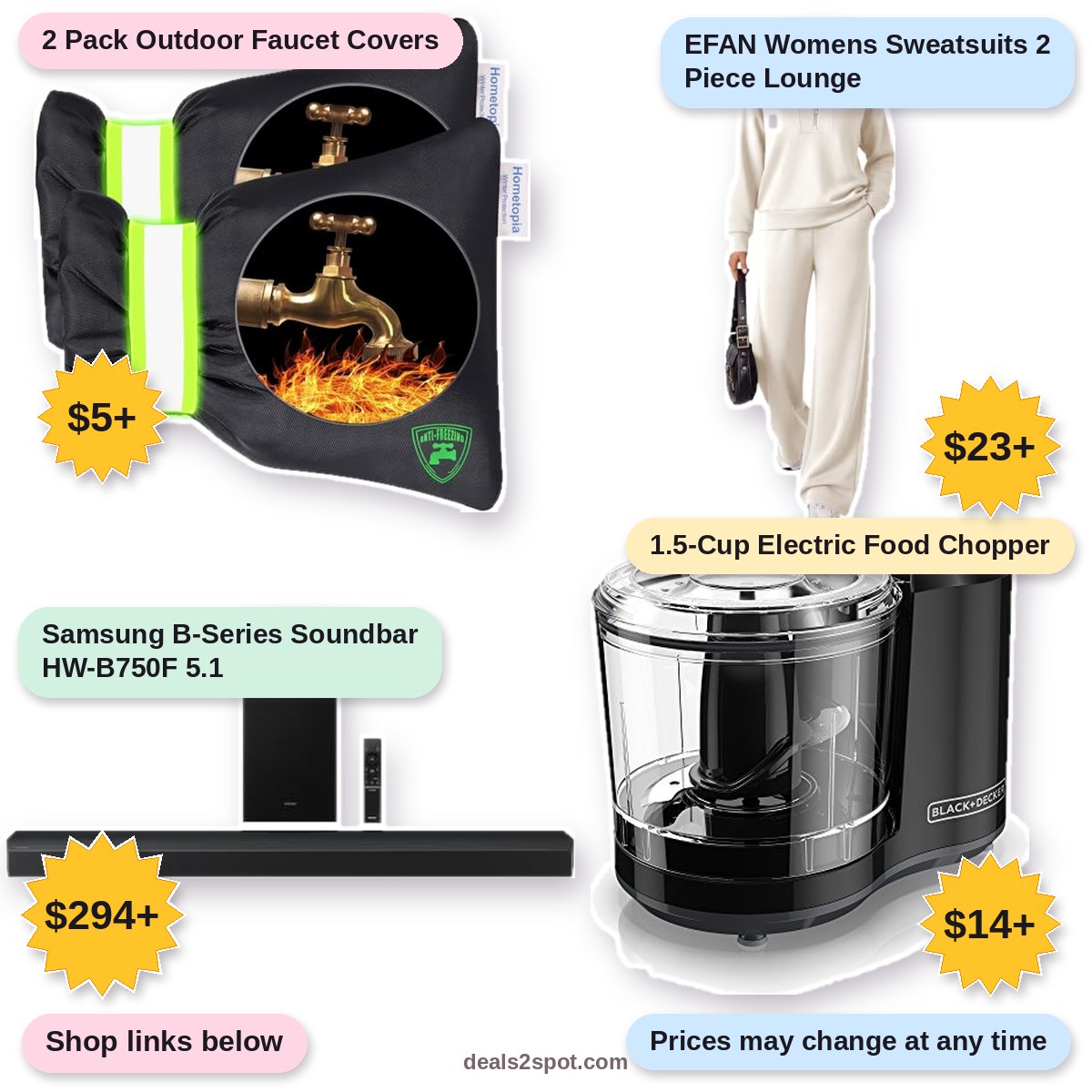 2 Pack Outdoor Faucet Covers, $5+ | EFAN Womens Sweatsuits 2 Piece Lounge, $23+ | Samsung B-Series Soundbar HW-B750F 5.1, $294+ | 1.5-Cup Electric Food Chopper, $14+