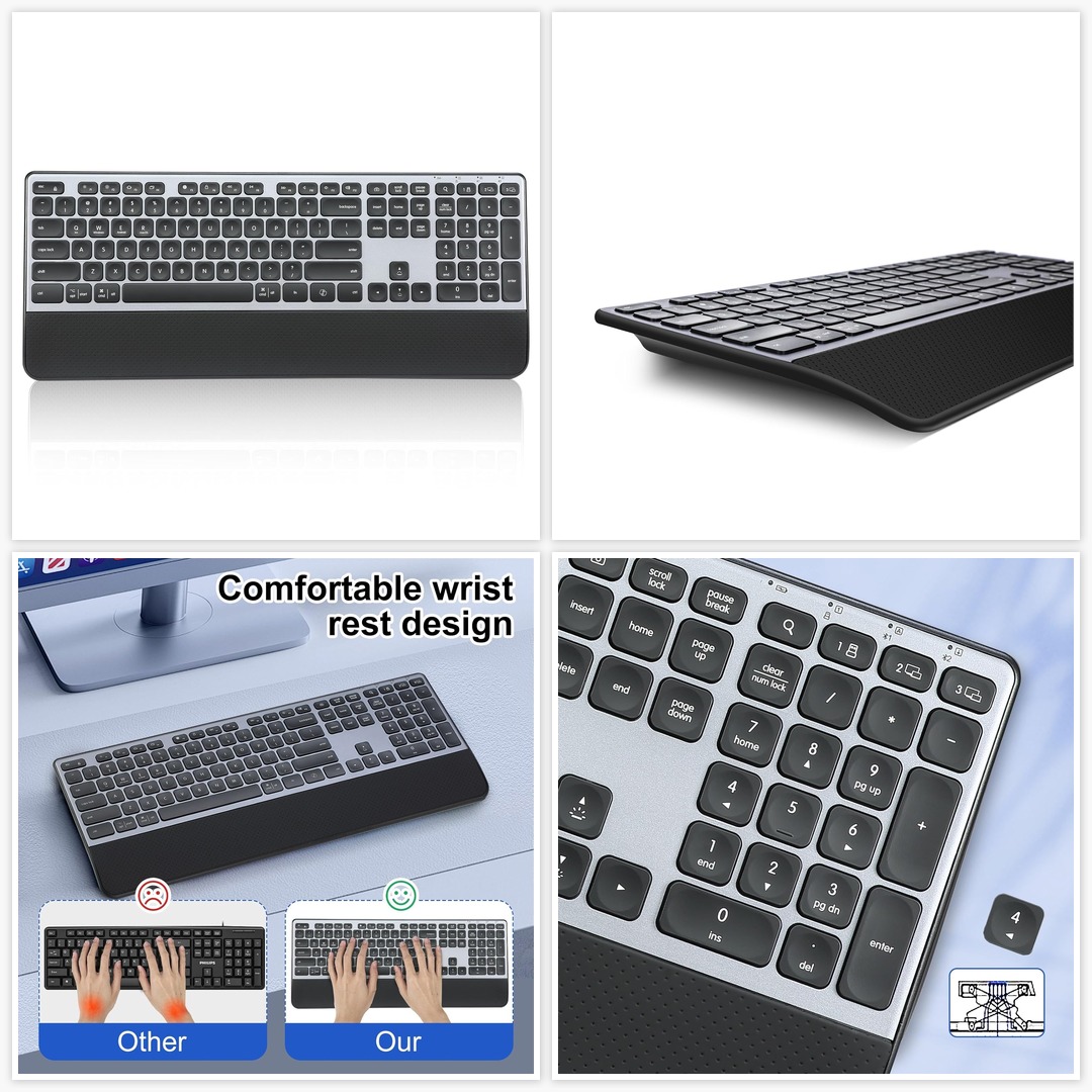 Rechargeable Full Size Multi-Device Bluetooth Keyboard with Wrist Rest