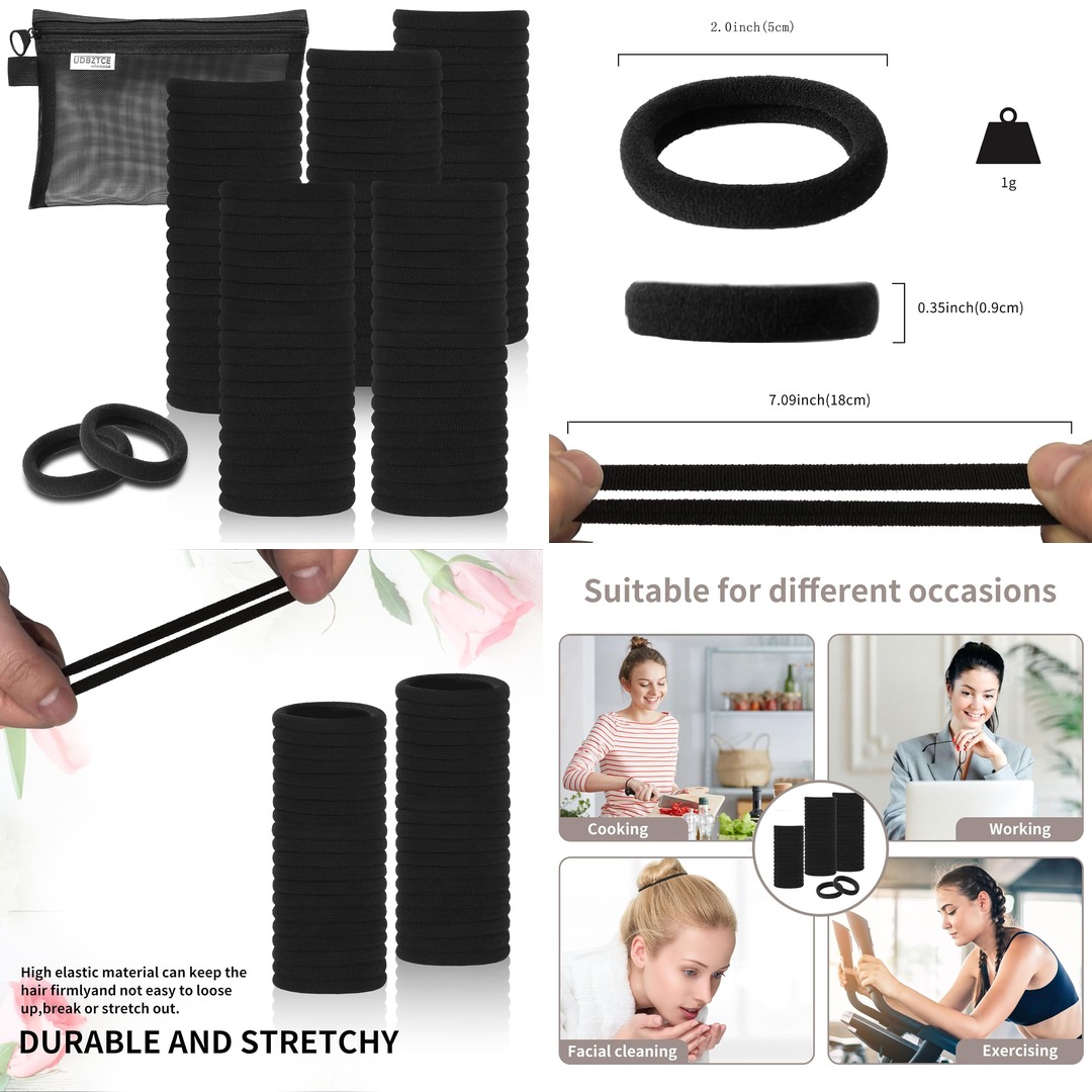 Black Hair Ties, 100 Pack Nylon Elastic Bands for Women, Seamless Damage-Free Ponytail Holders, Thick Hair Accessories. (black)