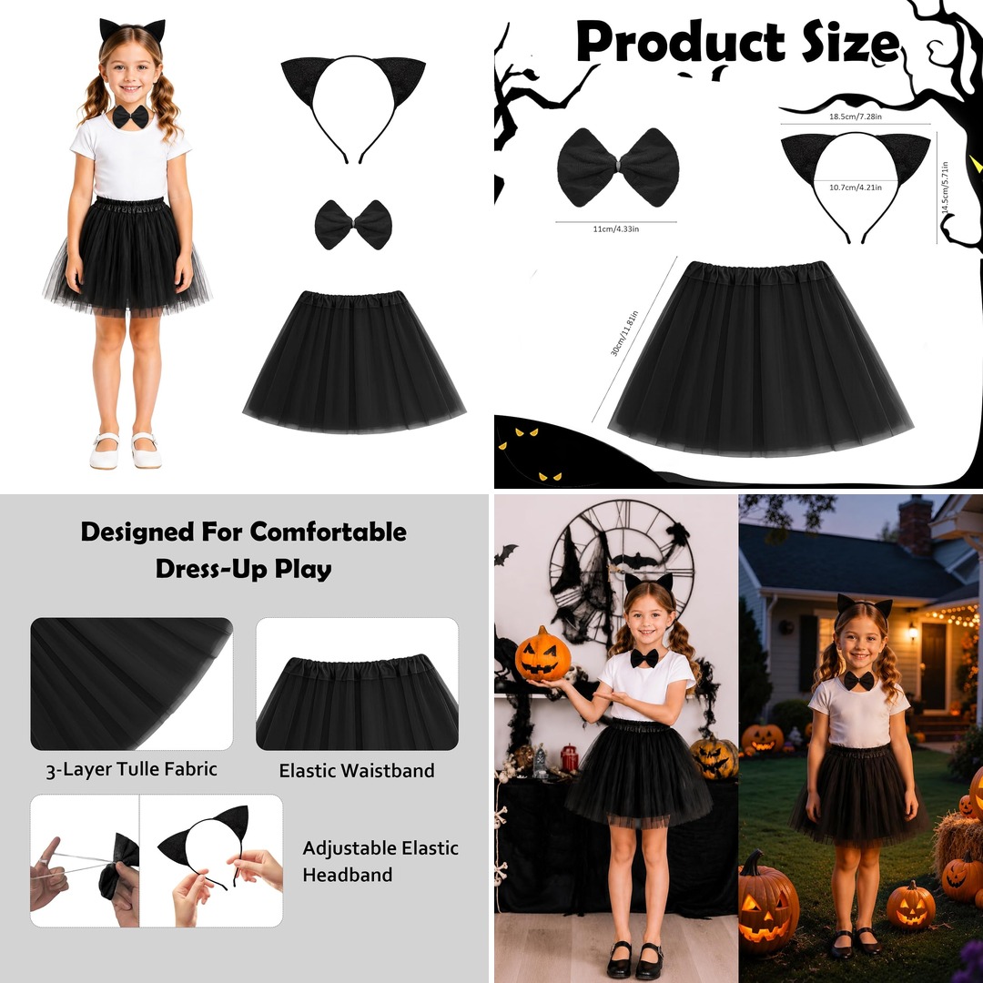 Lucky Merit 3Pcs Halloween Costumes for Girls Kids Headband, Bow Tie & Tutu