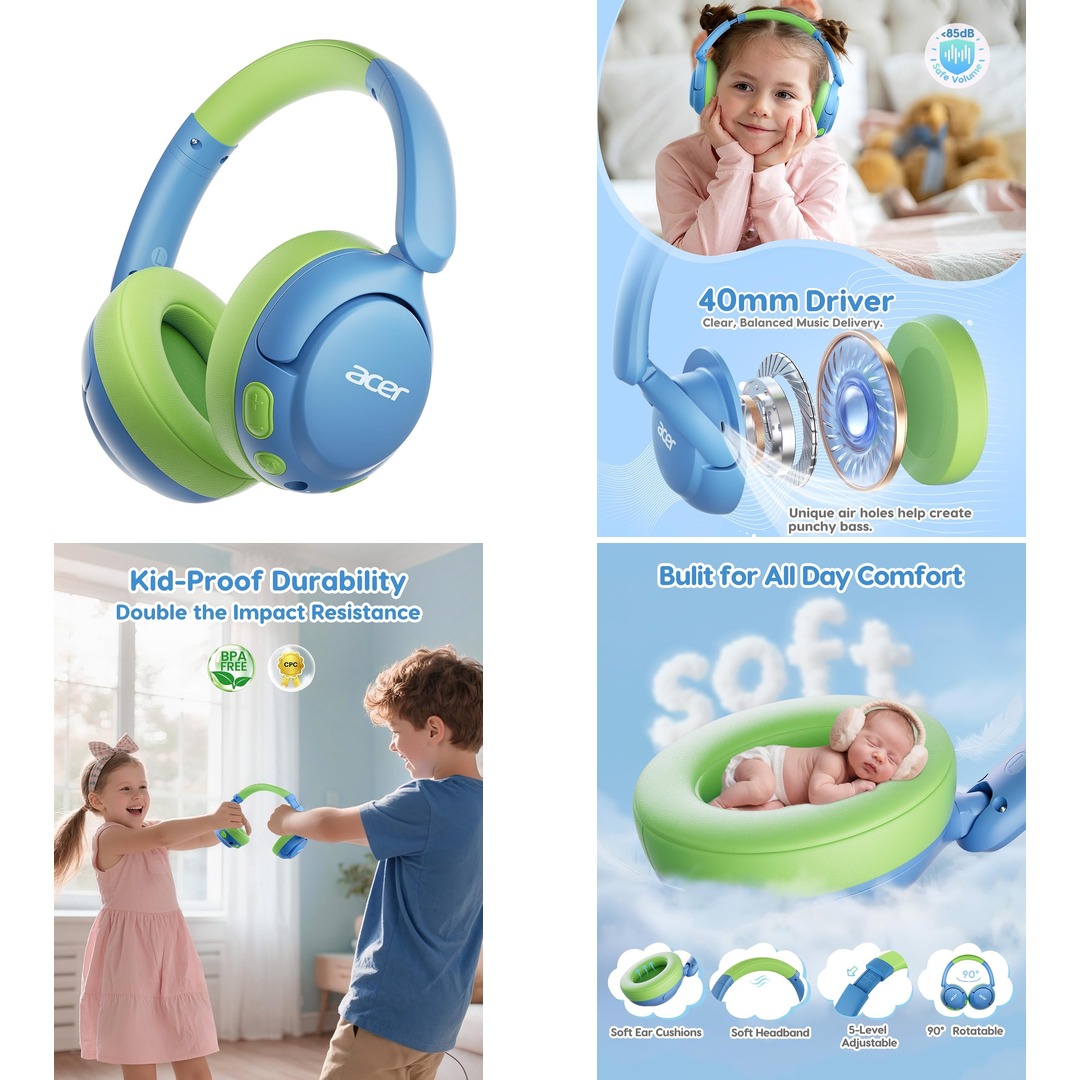 acer Kids Bluetooth Headphones, 85dB Volume Limiter, Foldable Wireless Over-Ear Headphones for iPad, Travel, 75H Playtime, Bluetooth 5.4, Built-in Mic, Blue Green