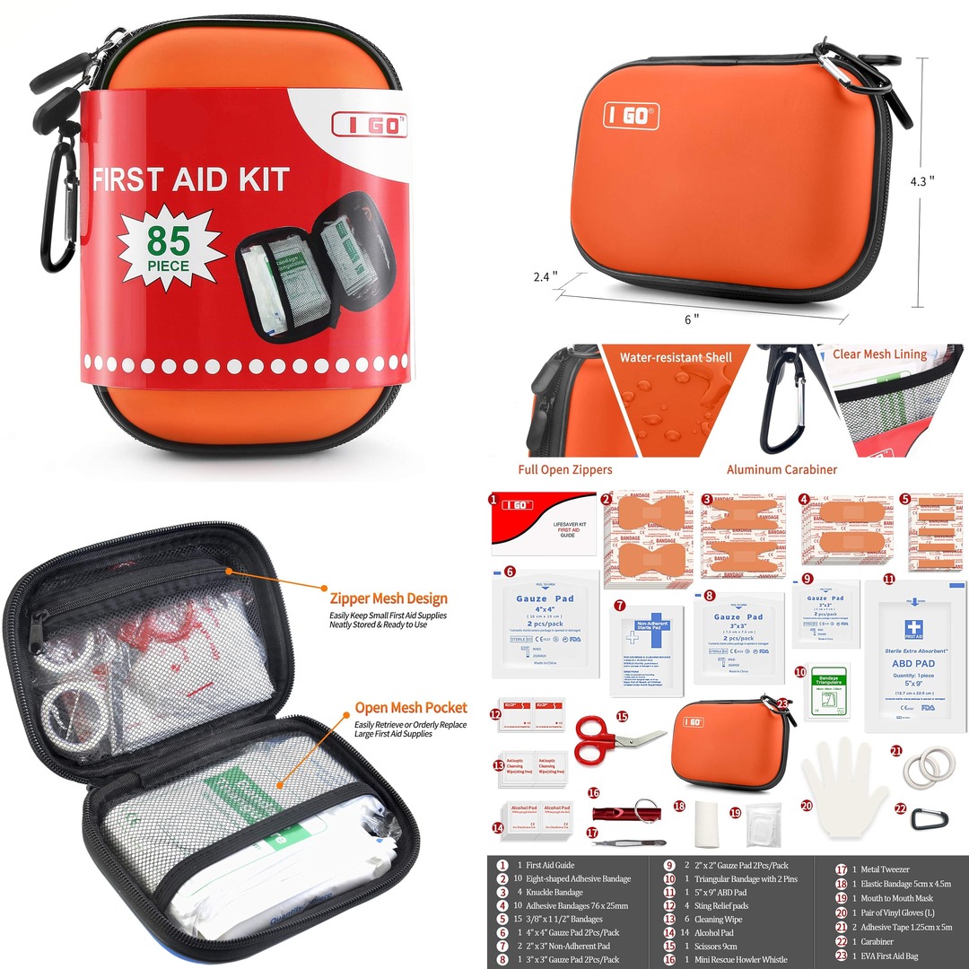 I GO 85 Pieces Hard Shell Mini Compact First Aid Kit, Small Personal Emergency Survival Kit for Travel Hiking Camping Backpacking Hunting Marine Car, Orange