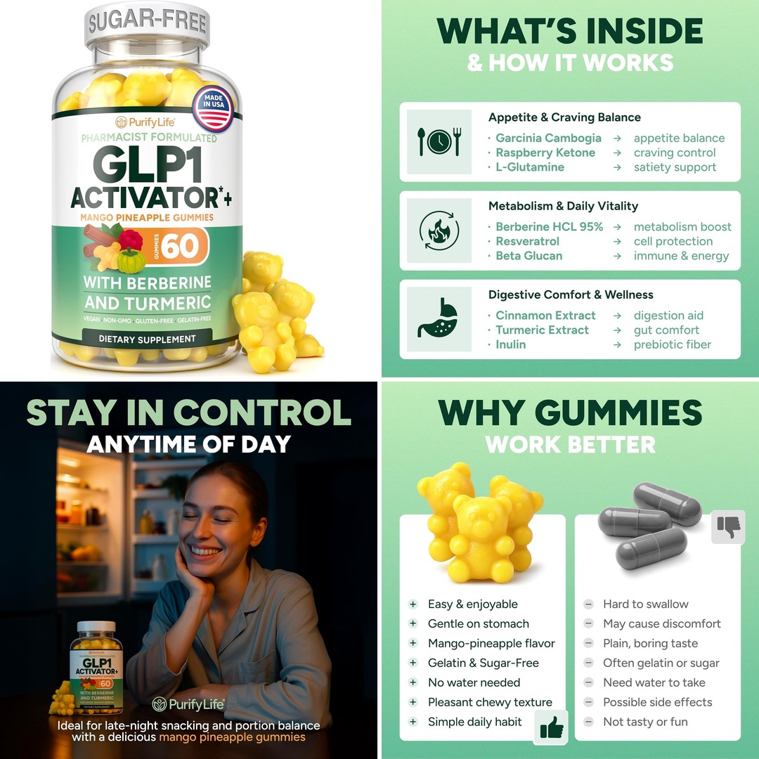 GLP-1 Support Gummies β Sugar-Free Appetite & Craving Control Supplement with Berberine, Cinnamon, Turmeric, Garcinia & Raspberry Ketones β Digestion, Weight Loss, Carb Blocker, Vegan, Keto