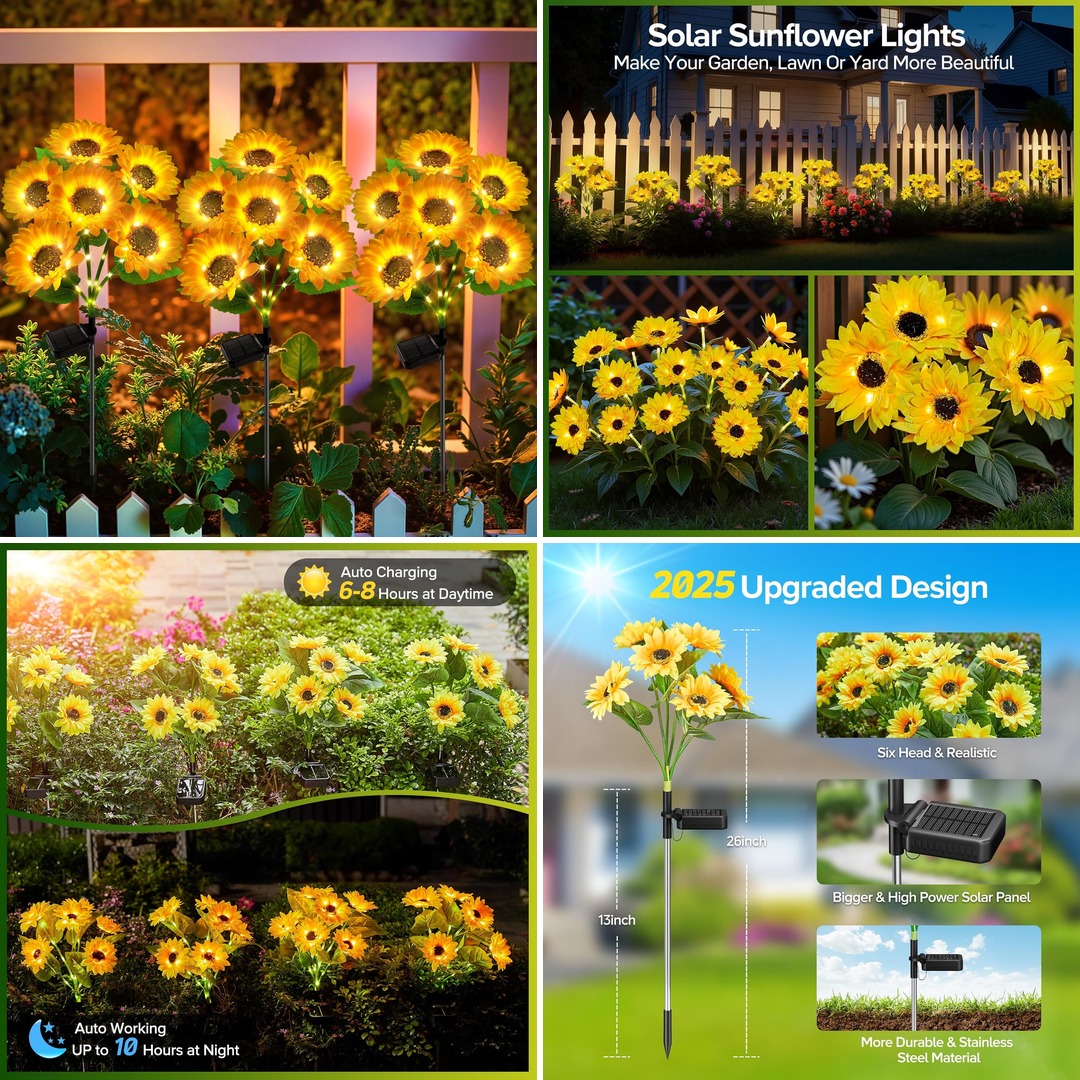 3 Pck with 18 Bright Solar Sunflower Lights Outdoor Waterproof