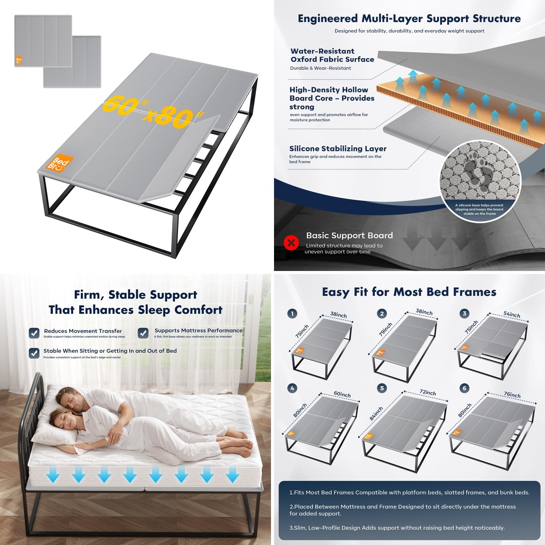 BedBro Bunkie Board Queen 10mm (60" x 80") ā Gray Under Mattress Support, Anti-Sag & Noise-Free, Breathable Low Profile Bed Board for Metal Frame, Platform & Slatted Beds